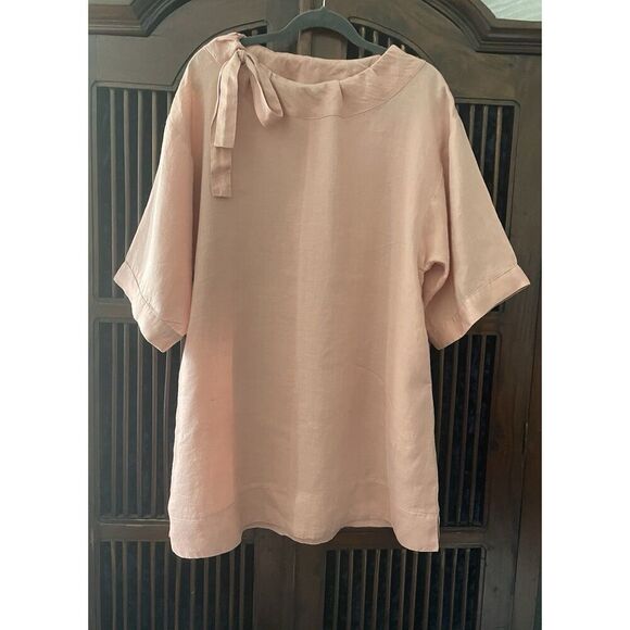 Blush Pink Linen Tunic Women’s Short Sleeve Top Bow Tie Neck Minimalist L/XL - Picture 1 of 7